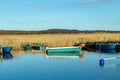 harbor at Achterwasser in Zempin at the baltic sea in Usedom with wooden fisher boats Royalty Free Stock Photo