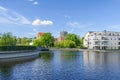 Harbor basin Tegeler Hafen with the clinic Medical Park Humboldtmuehle, residential units and Humboldt Library in Berlin