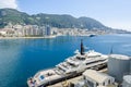 Harbor and the Bay of Gibraltar with a densely populated town area and a luxury yacht Alfa Nero Royalty Free Stock Photo