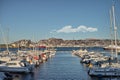 Harbor, boat and ready for sail in outdoors, travel and yacht on holiday or vacation for trip. Marina, seaside and ship Royalty Free Stock Photo
