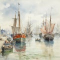 harbor with boats watercolor