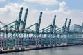 Harbor cargo cranes shipping port equipment, Industrial port crane, Logistics and containers, Cargo freight ship, Cargo sea port Royalty Free Stock Photo