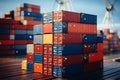 Harbor container display Stacked cargo containers aboard ship, port scenery in focus