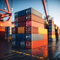 Harbor container display Stacked cargo containers aboard ship, port scenery in focus