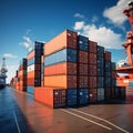 Harbor container display Stacked cargo containers aboard ship, port scenery in focus