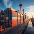 Harbor container display Stacked cargo containers aboard ship, port scenery in focus