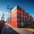 Harbor container display Stacked cargo containers aboard ship, port scenery in focus