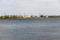 Harbor cranes at cargo port on river Dnieper in Kremenchug, Ukraine