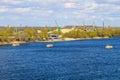 Harbor cranes at cargo port on river Dnieper in Kremenchug, Ukraine