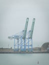 harbor cranes and ships waiting to load