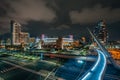 The Harbor Drive Pedestrian Bridge and downtown skyline at night, in San Diego, California Royalty Free Stock Photo