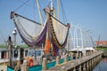 Harbor dutch fishing village Makkum with shrimp trawler drying nets