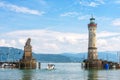 Harbor entrance at Lake Constance, Lindau, Germany. Beautiful landscape with lion statue and lighthouse