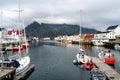 Ships in harbor in fjord, Lofoten, Norway Royalty Free Stock Photo