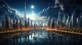 Harbor of the future: city lights under the starry sky