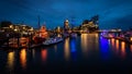 Harbor lights during a beautiful evening in the port of Hamburg, Germany