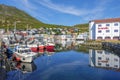 The harbor with moored fishers boats in Honningsvag town in Mageroya island. Nordkapp Municipality in Finnmark county