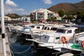 Harbor and port in resort city Marmaris with moored boats and ships. Marina in Marmaris. Royalty Free Stock Photo