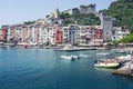 Harbor Portovenere, Spezia, Italy, Liguria: 08 august 2018. Landscape of the harbor with colorful houses in Portovenere