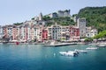 Harbor Portovenere, Spezia, Italy, Liguria: 08 august 2018. Landscape of the harbor with colorful houses in Portovenere