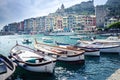 Harbor Portovenere, Spezia, Italy, Liguria: 08 august 2018:Panorama of colorful picturesque harbor of Porto Venere with San