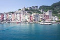 Harbor Portovenere, Spezia, Italy, Liguria: 08 august 2018. Landscape of the harbor with colorful houses in Portovenere