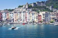 Harbor Portovenere, Spezia, Italy, Liguria: 08 august 2018. Landscape of the harbor with colorful houses in Portovenere