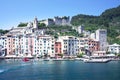 Harbor Portovenere, Spezia, Italy, Liguria: 08 august 2018. Landscape of the harbor with colorful houses in Portovenere