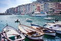 Harbor Portovenere, Spezia, Italy, Liguria: 08 august 2018. Panorama of colorful picturesque harbour of Porto Venere. View of the