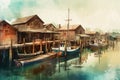 Harbor, retro harbor with boats and pier, seascape painted with watercolors on textured paper. Digital Watercolor Painting