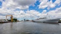 Harbor of Rotterdam, Netherlands. Cruise ship anchored at port Royalty Free Stock Photo