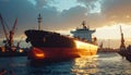 Harbor Scene with Large Freight Vessel and Cranes at Sunrise or Sunset Royalty Free Stock Photo