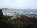 Harbor sea boats, cars and trees Japan