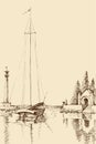 Harbor sketch, boat on sea shore Royalty Free Stock Photo