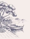 Harbor sketch, wooden boats on sea shore