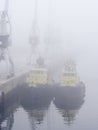 Harbor tug boats moored in a foggy dock Royalty Free Stock Photo