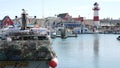 Harbor village, fisherman boats and yachts. Nautical vessel for fishing in port, fishery industry