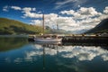 Harbour in Andalsnes, norwegian summer, beautiful reflections of sky and boat