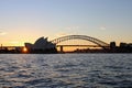 AUSTRALIA, SYDNEY, JULY 31, 2016: View at sunset from Mrs Macquarie`s Chair to the Harbour Bridge and Opera House Royalty Free Stock Photo