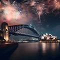 Harbour Bridge and Sydney Opera House at night, with the backdrop of the sky shooting off colorful fireworks. New Year\'s fu Royalty Free Stock Photo