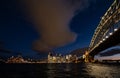 Harbour Bridge and Sydney Opera House at night with a dramatic cloud in the sky Royalty Free Stock Photo