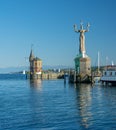 Harbour entrance of Konstanz with lighthouse and the statue of Imperia, Lake Constance (Bodensee). Royalty Free Stock Photo