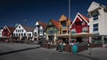 Harbour and pier of Stavanger with colorful timber houses and bars in Norway