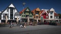 Harbour and pier of Stavanger with colorful timber houses and bars in Norway