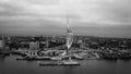 Harbour of Portsmouth England with famous Spinnaker Tower - aerial view in black and white