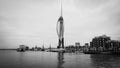 Harbour of Portsmouth England with Spinnaker Tower in black and white - PORTSMOUTH, ENGLAND - DECEMBER 29, 2019