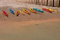 The harbour at St Martin`s New Brunswick kayaks on shore after a kayak adventure Royalty Free Stock Photo