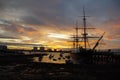 Sunset over HMS Warrior in Portsmouth Harbour