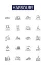 Harbours line vector icons and signs. Marinas, Wharfs, Jetties, Havens, Seaports, Quays, Pier, Anchorage outline vector Royalty Free Stock Photo