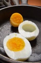 Hard boiled egg in cast iron skillets